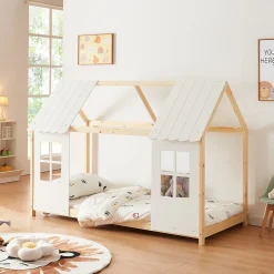 Lit cabane Tostedt pour enfant forme maison bois de pin 90 x 200 cm naturel blanc en.casa>[En.Casa] Online