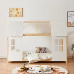Lit cabane Tostedt pour enfant forme maison bois de pin 90 x 200 cm naturel blanc en.casa>[En.Casa] Online