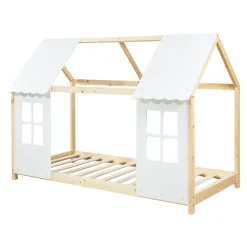 Lit cabane Tostedt pour enfant forme maison bois de pin 90 x 200 cm naturel blanc en.casa><noscript><img width=