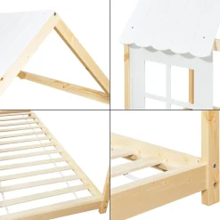 Lit cabane Tostedt pour enfant forme maison bois de pin 90 x 200 cm naturel blanc en.casa><noscript><img width=