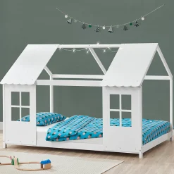 Lit cabane Tostedt pour enfant forme maison bois de pin 140 x 200 cm blanc en.casa>[En.Casa] Online