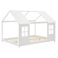 Lit cabane Tostedt pour enfant forme maison bois de pin 140 x 200 cm blanc en.casa>[En.Casa] Online