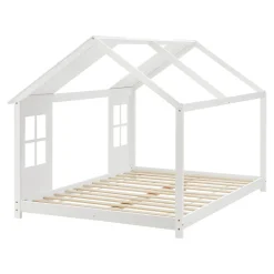 Lit cabane Tostedt pour enfant forme maison bois de pin 140 x 200 cm blanc en.casa><noscript><img width=