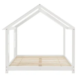 Lit cabane Tostedt pour enfant forme maison bois de pin 140 x 200 cm blanc en.casa><noscript><img width=
