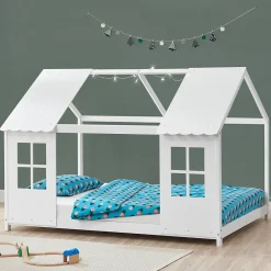 [En.Casa] Lit cabane Tostedt pour enfant forme maison bois de pin 120 x 200 cm blanc en.casa*Enfant Lit Enfant