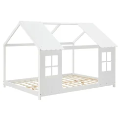 [En.Casa] Lit cabane Tostedt pour enfant forme maison bois de pin 120 x 200 cm blanc en.casa*Enfant Lit Enfant