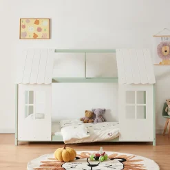 Lit cabane Tostedt pour enfant forme maison bois de pin 90 x 200 cm vert menthe blanc en.casa>[En.Casa] Clearance