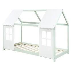 Lit cabane Tostedt pour enfant forme maison bois de pin 90 x 200 cm vert menthe blanc en.casa><noscript><img width=