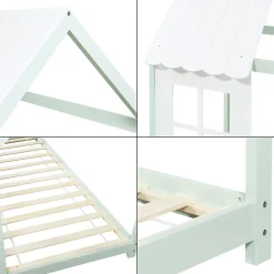 Lit cabane Tostedt pour enfant forme maison bois de pin 90 x 200 cm vert menthe blanc en.casa><noscript><img width=