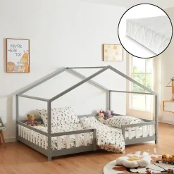 [En.Casa] Lit cabane Treviolo avec matelas à mousse froid 200 x 120 cm gris clair / blanc en.casa*Enfant Lit Enfant