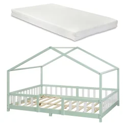 [En.Casa] Lit cabane Treviolo avec matelas à mousse froid 200 x 140 cm vert menthe / blanc en.casa*Enfant Lit Enfant