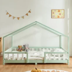 [En.Casa] Lit cabane Treviolo avec matelas à mousse froid 200 x 140 cm vert menthe / blanc en.casa*Enfant Lit Enfant