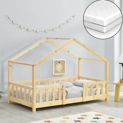 Lit cabane Treviolo avec matelas à mousse froid 160 x 80 cm bois naturel en.casa>[En.Casa] Best