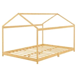 Lit cabane Vindafjord pour enfant 140 x 200 cm forme maison bambou naturel en.casa><noscript><img width=