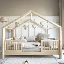 Lit cabane 90x200 barrières et sommier inclus pieds 10 cm Rosalie Bois><noscript><img width=