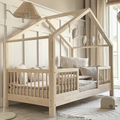 Lit cabane 90x200 barrières et sommier inclus pieds 10 cm Rosalie Bois><noscript><img width=