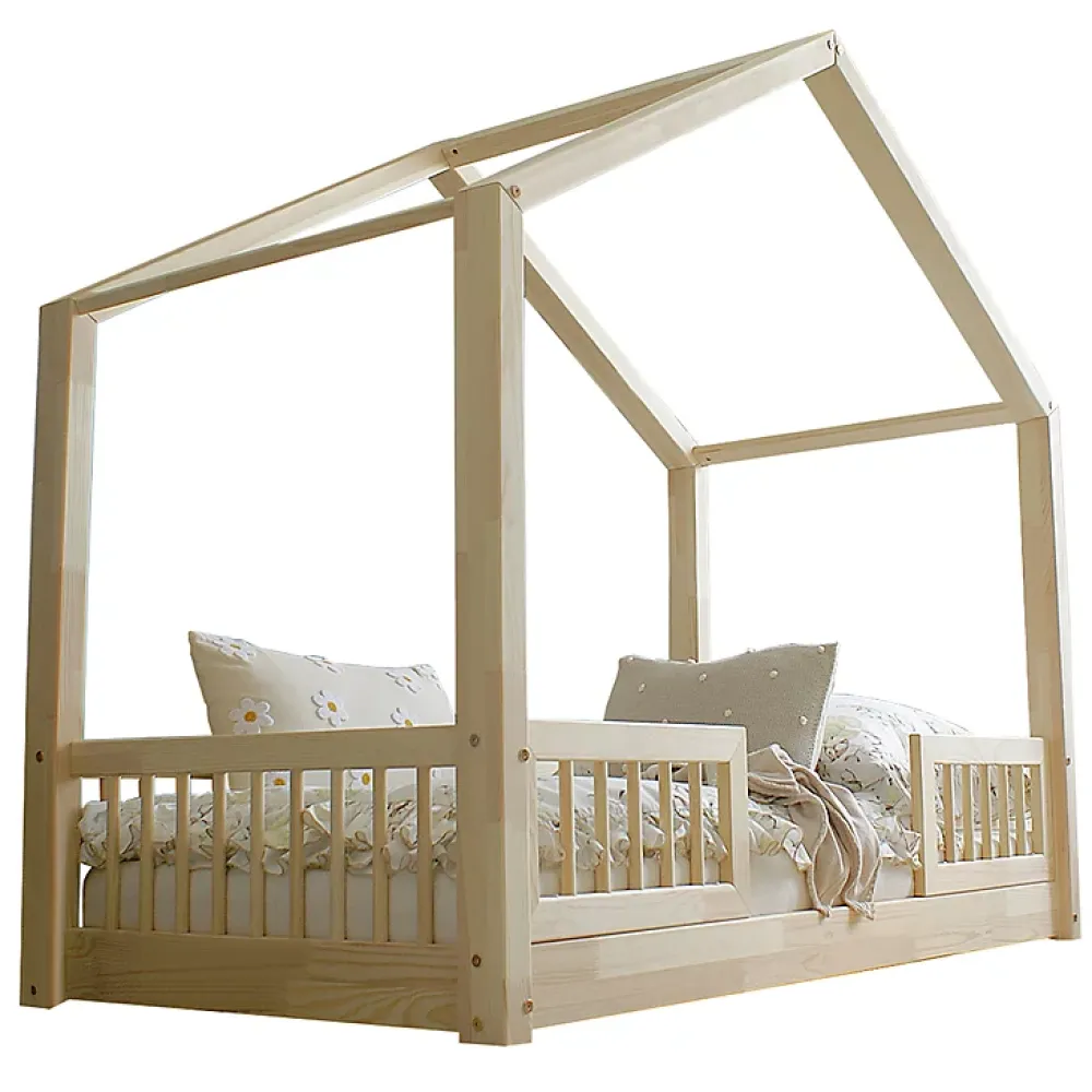 Petits-Meubles Lit cabane 90x190 barrières et sommier inclus pieds 1 cm Iris Bois*Enfant Lit Enfant