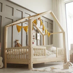Lit cabane 90x200 barrières et sommier inclus pieds 10 cm Iris Bois><noscript><img width=