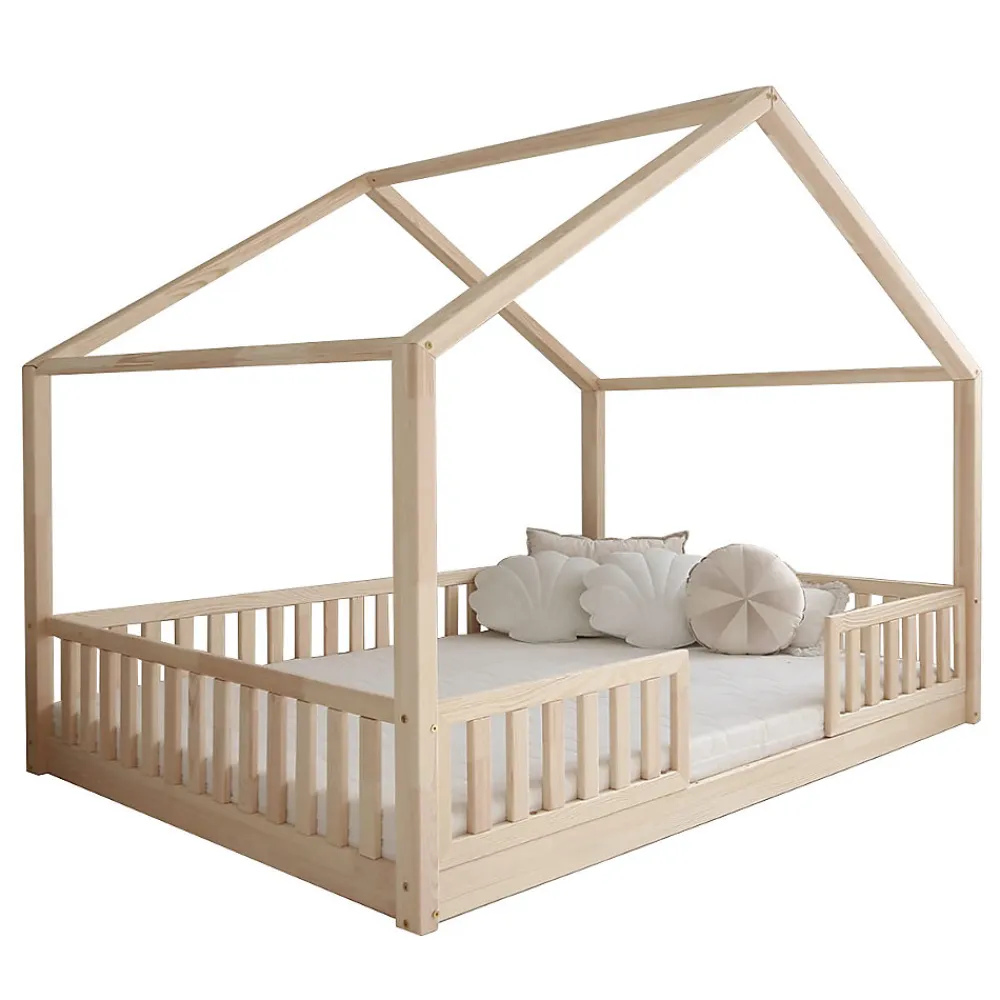 Lit cabane 140x200 barrières et sommier inclus pieds 1 cm Roxane Bois>Petits-Meubles Online