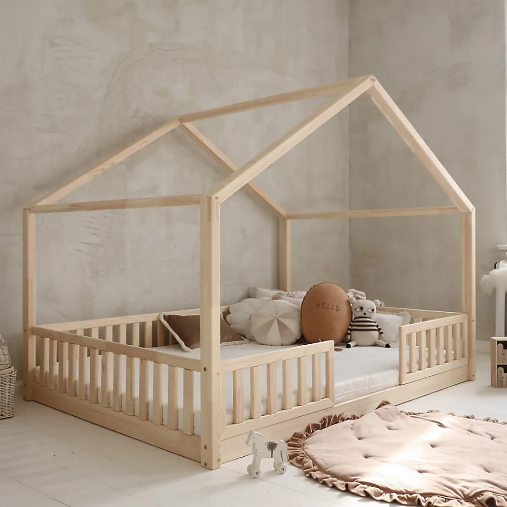 Lit cabane 140x200 barrières et sommier inclus pieds 1 cm Roxane Bois>Petits-Meubles Online