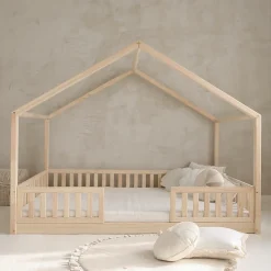 Lit cabane 140x200 barrières et sommier inclus pieds 1 cm Roxane Bois><noscript><img width=
