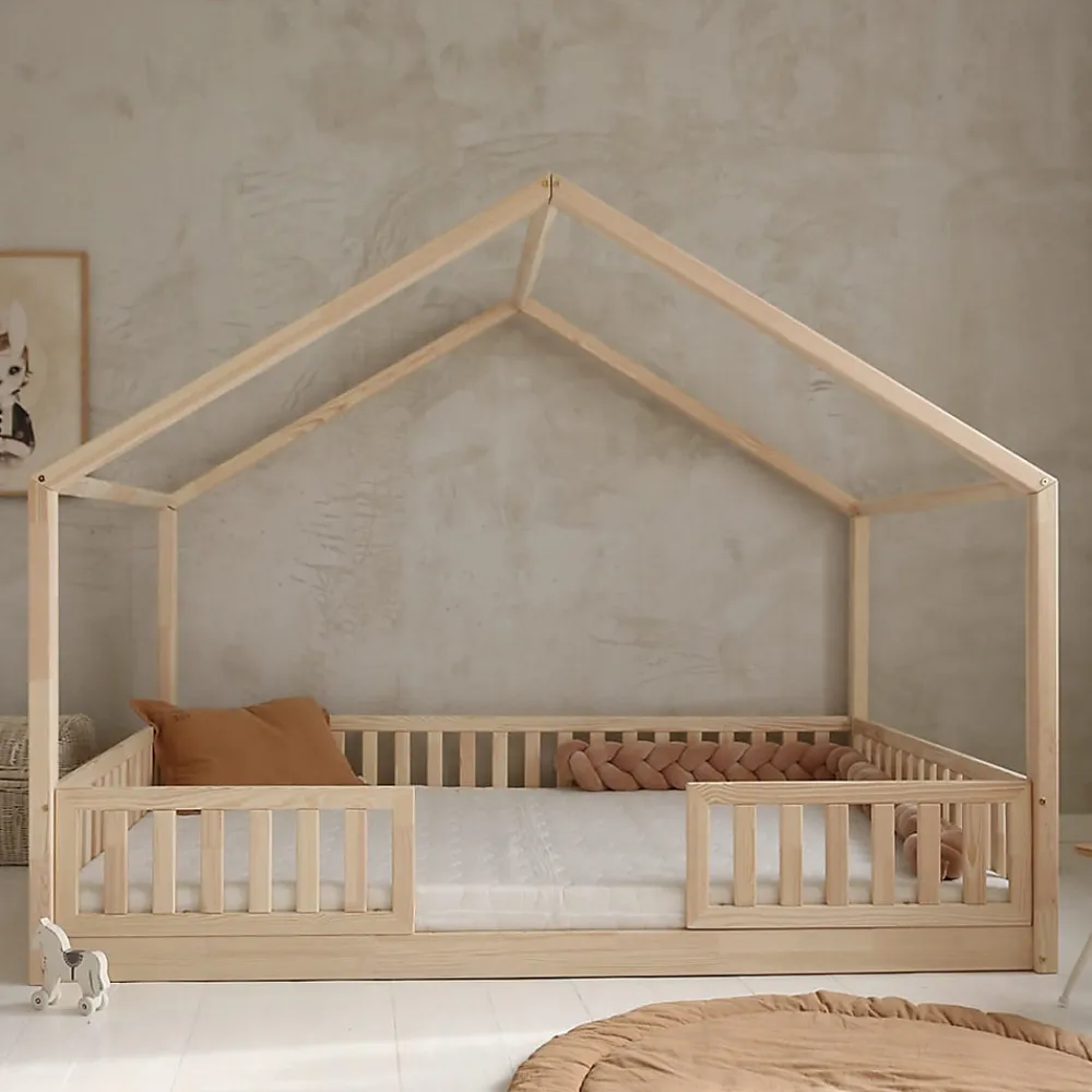 Lit cabane 140x200 barrières et sommier inclus pieds 1 cm Roxane Bois>Petits-Meubles Online