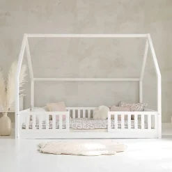 Petits-Meubles Lit cabane 140x200 barrières et sommier inclus pieds 1 cm Daisy Blanc*Enfant Lit Enfant