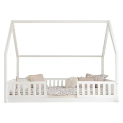 Petits-Meubles Lit cabane 140x200 barrières et sommier inclus pieds 1 cm Daisy Blanc*Enfant Lit Enfant