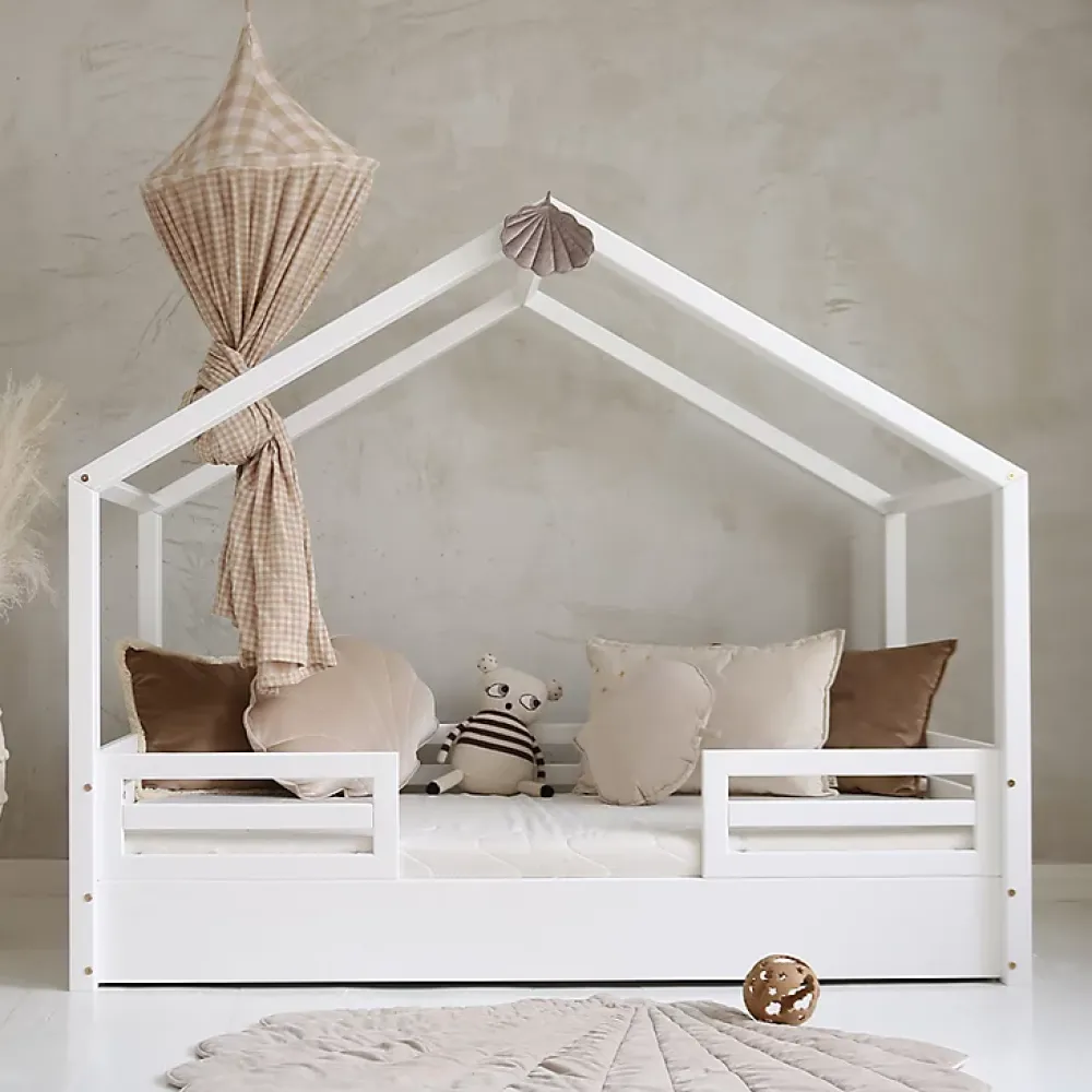 Petits-Meubles Lit cabane 90x200 barrières et sommier inclus pieds 1 cm Lucile Blanc*Enfant Lit Enfant