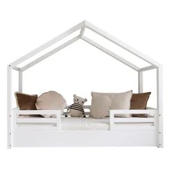 Petits-Meubles Lit cabane 90x200 barrières et sommier inclus pieds 1 cm Lucile Blanc*Enfant Lit Enfant