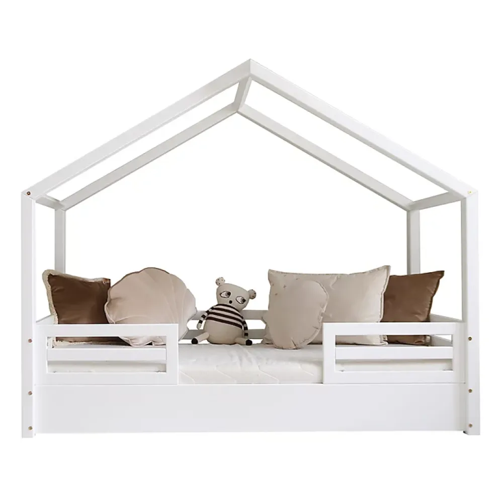 Petits-Meubles Lit cabane 90x200 barrières et sommier inclus pieds 1 cm Lucile Blanc*Enfant Lit Enfant