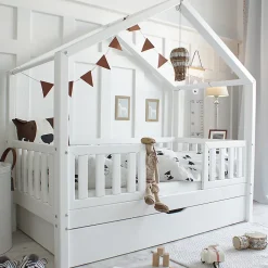 Petits-Meubles Lit cabane 90x190 barrières sommier et tiroir inclus Roxane Blanc*Enfant Lit Enfant