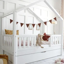 Petits-Meubles Lit cabane 90x190 barrières sommier et tiroir inclus Roxane Blanc*Enfant Lit Enfant
