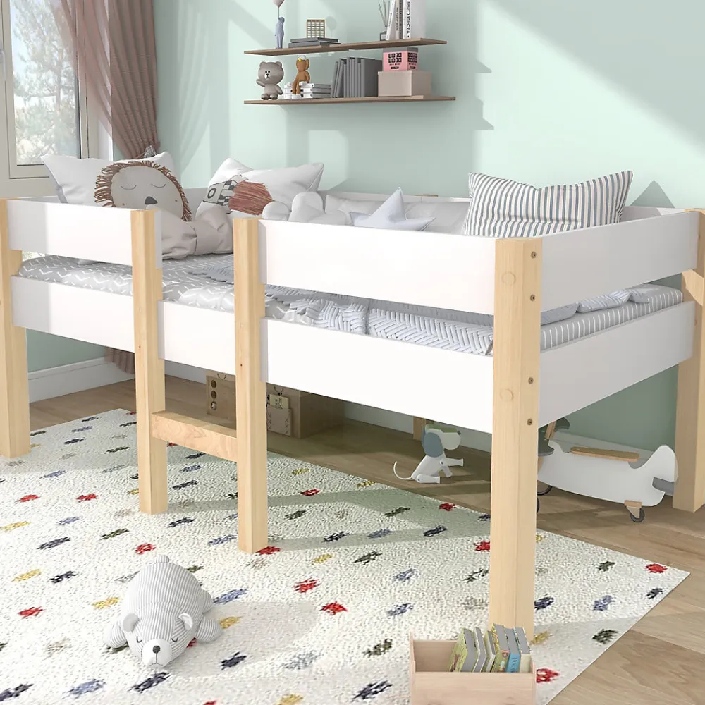 Lit cabane 90x190 cm - Lit enfant mi-hauteur avec protection antichute - Bois massif - Sans Matelas - Blanc>Okwish Sale