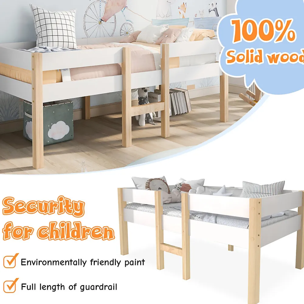 Lit cabane 90x190 cm - Lit enfant mi-hauteur avec protection antichute - Bois massif - Sans Matelas - Blanc>Okwish Sale