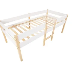 Lit cabane 90x190 cm - Lit enfant mi-hauteur avec protection antichute - Bois massif - Sans Matelas - Blanc><noscript><img width=