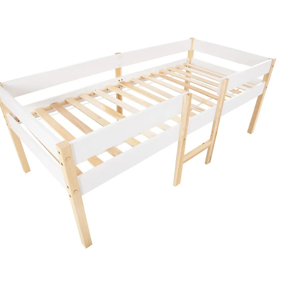 Lit cabane 90x190 cm - Lit enfant mi-hauteur avec protection antichute - Bois massif - Sans Matelas - Blanc>Okwish Sale