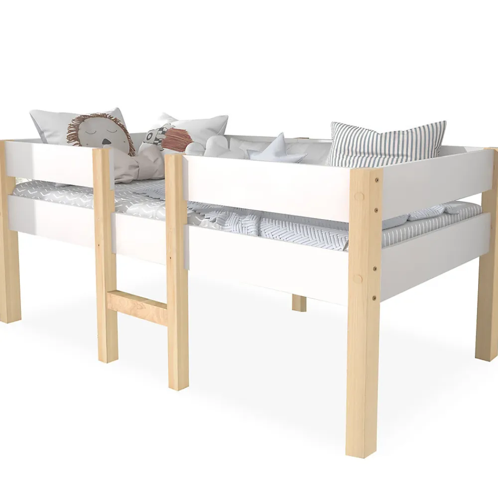 Lit cabane 90x190 cm - Lit enfant mi-hauteur avec protection antichute - Bois massif - Sans Matelas - Blanc>Okwish Sale