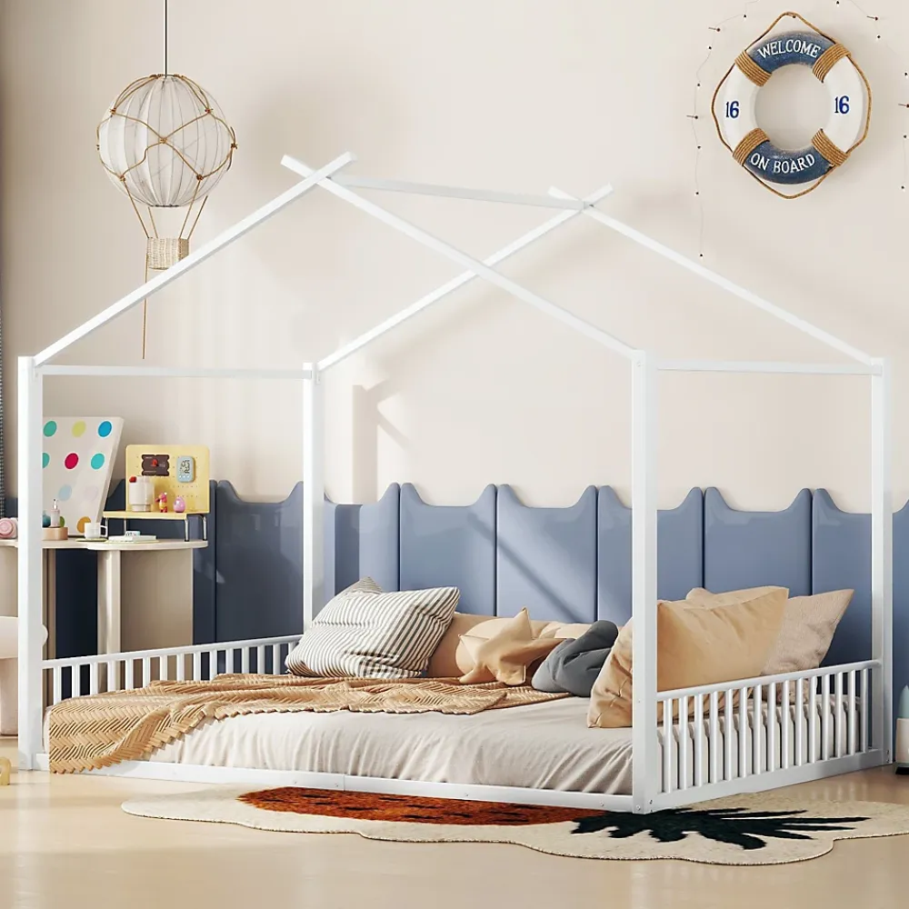 Okwish Lit Cabane 140x200 cm - Lit enfant avec Sommier à Lattes - Métal - Sans Matelas - Blanc*Enfant Lit Enfant