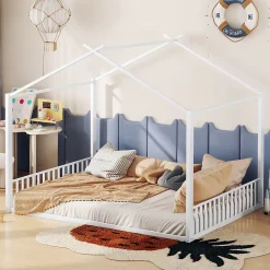 Okwish Lit Cabane 140x200 cm - Lit enfant avec Sommier à Lattes - Métal - Sans Matelas - Blanc*Enfant Lit Enfant