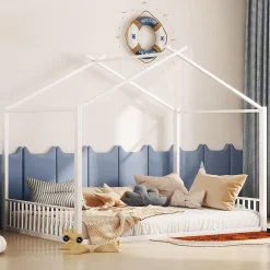 Okwish Lit Cabane 140x200 cm - Lit enfant avec Sommier à Lattes - Métal - Sans Matelas - Blanc*Enfant Lit Enfant