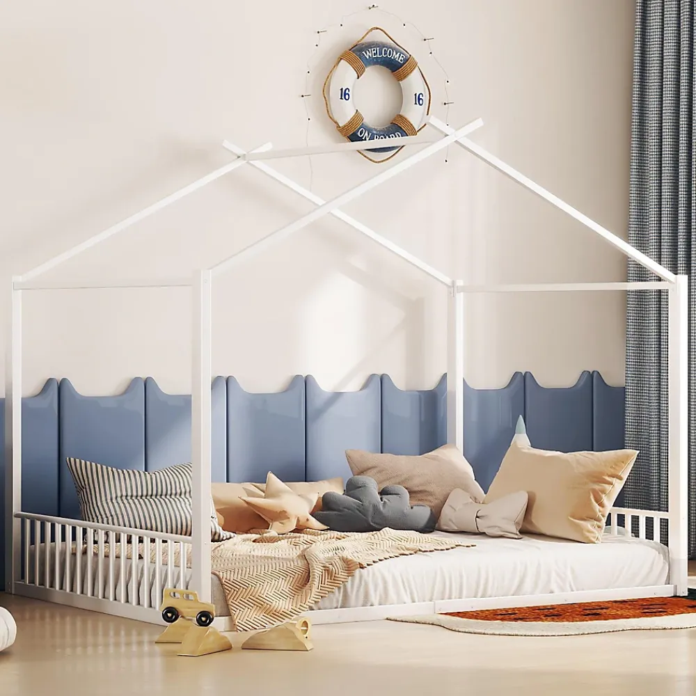 Okwish Lit Cabane 140x200 cm - Lit enfant avec Sommier à Lattes - Métal - Sans Matelas - Blanc*Enfant Lit Enfant