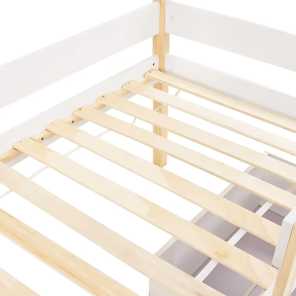 Okwish Lit cabane 90x190 cm - Lit mi-hauteur avec protection antichute et 2 tiroirs - Bois massif - Sans Matelas - Blanc*Enfant Lit Enfant