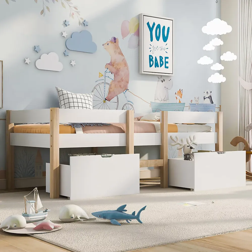 Okwish Lit cabane 90x190 cm - Lit mi-hauteur avec protection antichute et 2 tiroirs - Bois massif - Sans Matelas - Blanc*Enfant Lit Enfant