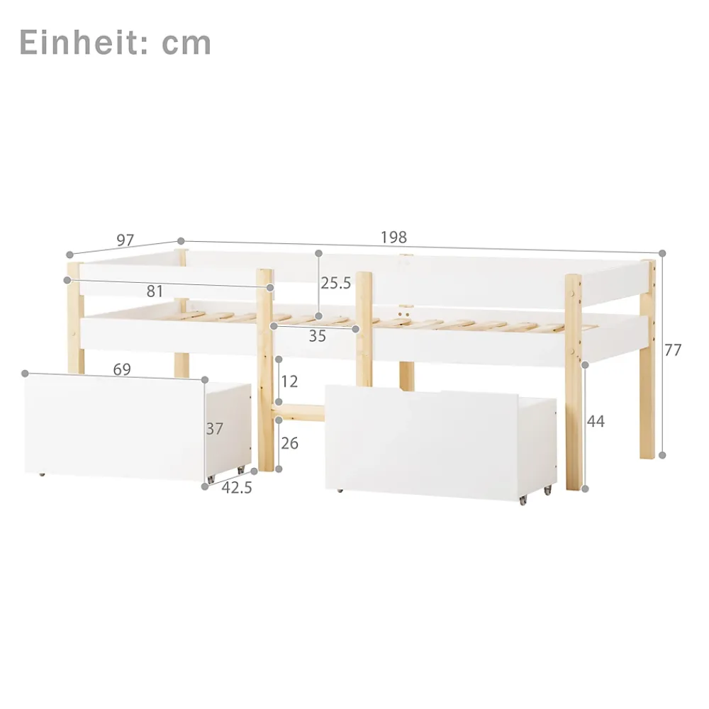 Okwish Lit cabane 90x190 cm - Lit mi-hauteur avec protection antichute et 2 tiroirs - Bois massif - Sans Matelas - Blanc*Enfant Lit Enfant