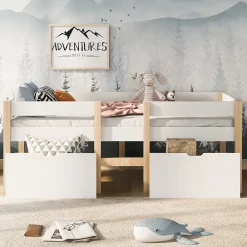 Okwish Lit cabane 90x200 cm - Lit mi-hauteur avec protection antichute et 2 tiroirs - Bois massif - Sans Matelas - Blanc*Enfant Lit Enfant