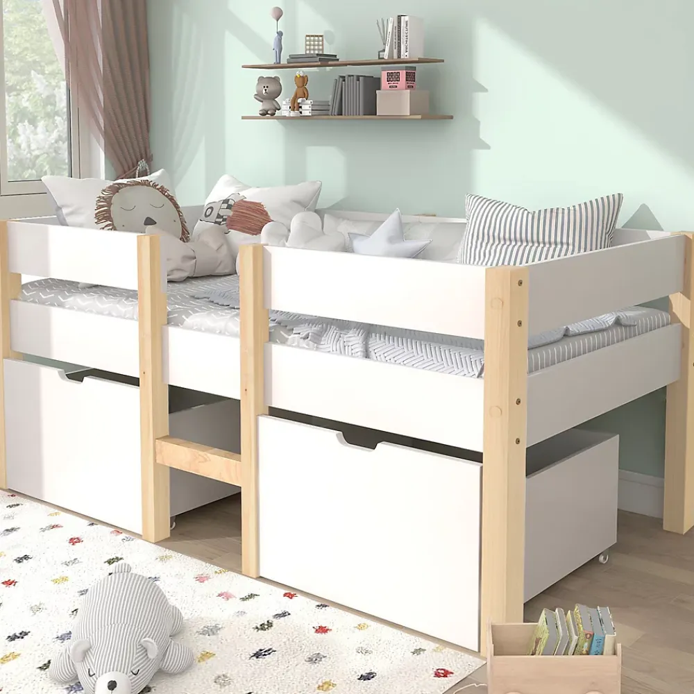 Okwish Lit cabane 90x200 cm - Lit mi-hauteur avec protection antichute et 2 tiroirs - Bois massif - Sans Matelas - Blanc*Enfant Lit Enfant