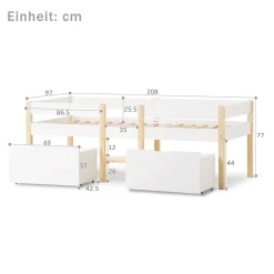 Okwish Lit cabane 90x200 cm - Lit mi-hauteur avec protection antichute et 2 tiroirs - Bois massif - Sans Matelas - Blanc*Enfant Lit Enfant