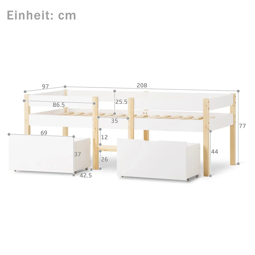 Okwish Lit cabane 90x200 cm - Lit mi-hauteur avec protection antichute et 2 tiroirs - Bois massif - Sans Matelas - Blanc*Enfant Lit Enfant