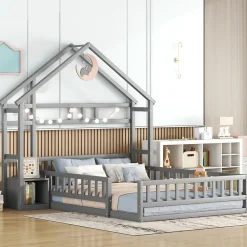 Lit cabane 140x200 cm avec table de chevet, barrières de sécurité, sommier à lattes, cadre en bois, gris>ProximaX Discount